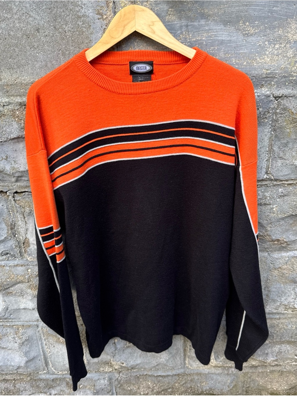 Vintage Meister Wool Ski Sweater Mens L Orange Black Stripe 70s 80s Retro